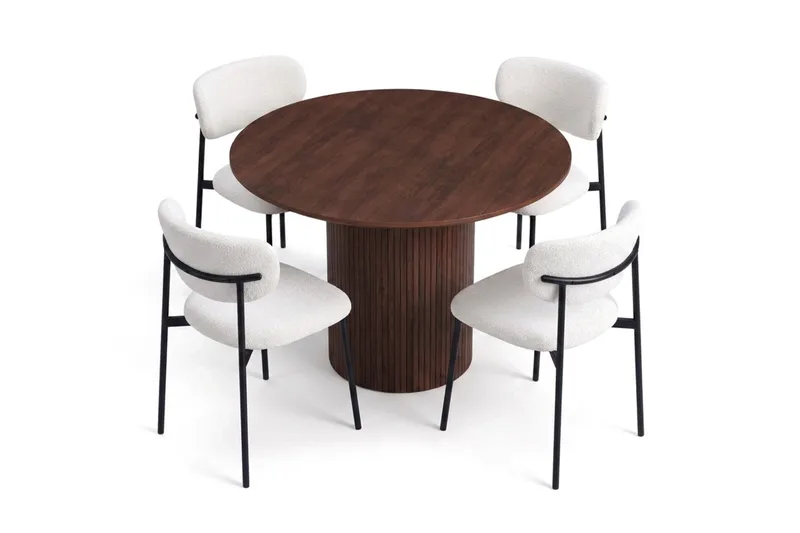 Spisegruppe Bark Kopparbo 110 cm Valnøtt Hvit bouclé/metallben svart Rund 4 - Valnøtt - Møbler - Bord - Spisegrupper