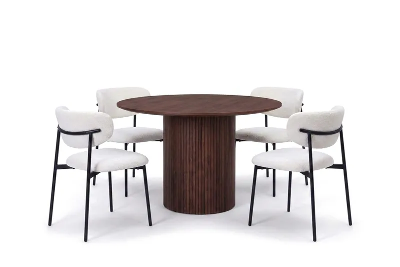 Spisegruppe Bark Kopparbo 110 cm Valnøtt Hvit bouclé/metallben svart Rund 4, Valnøtt