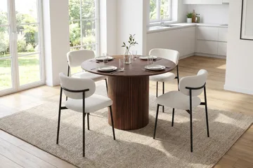 Spisegruppe Bark Kopparbo 110 cm Valnøtt Hvit bouclé/metallben svart Rund 4 - Valnøtt - Møbler - Bord - Spisegrupper