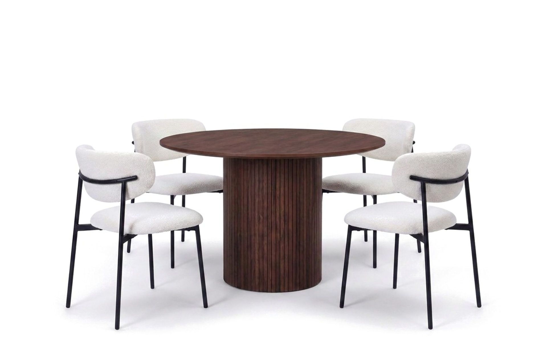 Spisegruppe Bark Kopparbo 110 cm Valnøtt Hvit bouclé/metallben svart Rund 4 -
