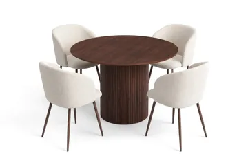 Spisegruppe Bark Kopparbo 110 cm Valnøtt Hvit bouclé/Metallben valnøtt Rund 4 - Valnøtt - Møbler - Bord - Spisegrupper