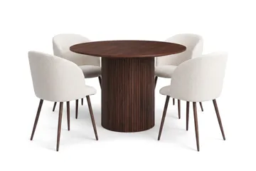 Spisegruppe Bark Kopparbo 110 cm Valnøtt Hvit bouclé/Metallben valnøtt Rund 4 - Valnøtt - Møbler - Bord - Spisegrupper