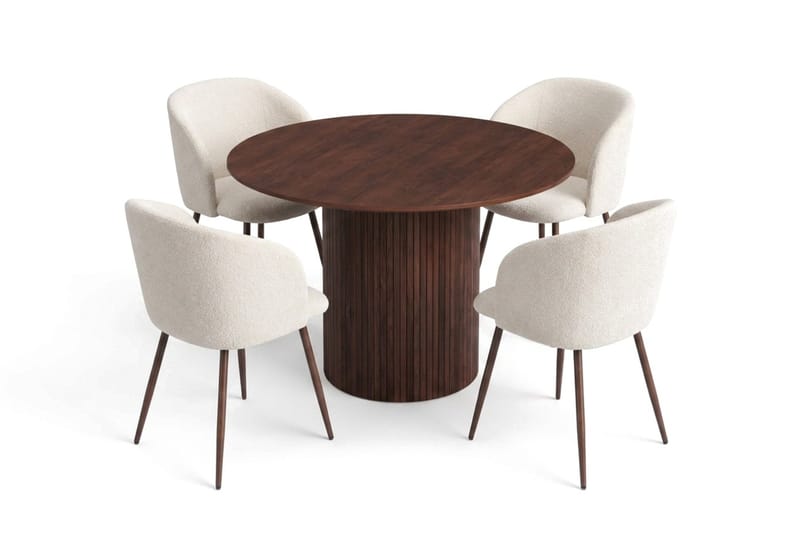 Spisegruppe Bark Kopparbo 110 cm Valnøtt Hvit bouclé/Metallben valnøtt Rund 4 - Møbler - Bord - Spisegrupper