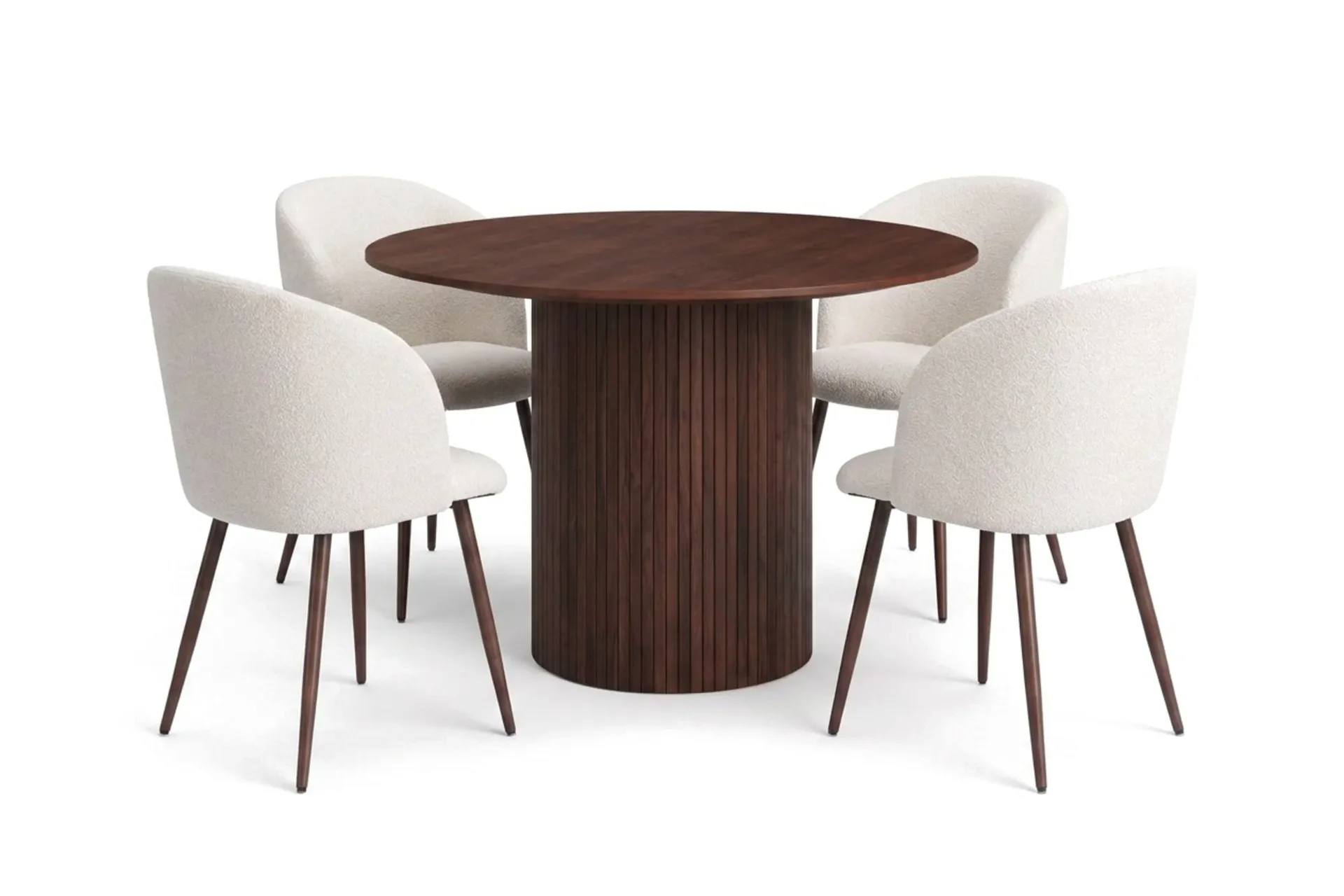 Spisegruppe Bark Kopparbo 110 cm Valnøtt Hvit bouclé/Metallben valnøtt Rund 4 -