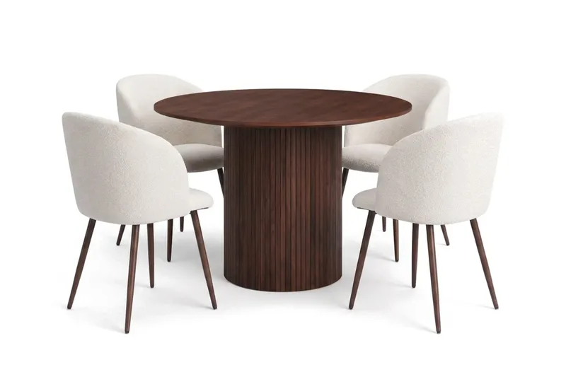 Spisegruppe Bark Kopparbo 110 cm Valnøtt Hvit bouclé/Metallben valnøtt Rund 4, undefined