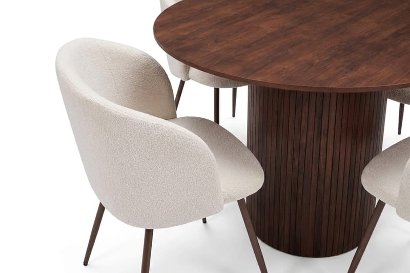 Spisegruppe Bark Kopparbo 110 cm Valnøtt Hvit bouclé/Metallben valnøtt Rund 4 - Møbler - Bord - Spisegrupper