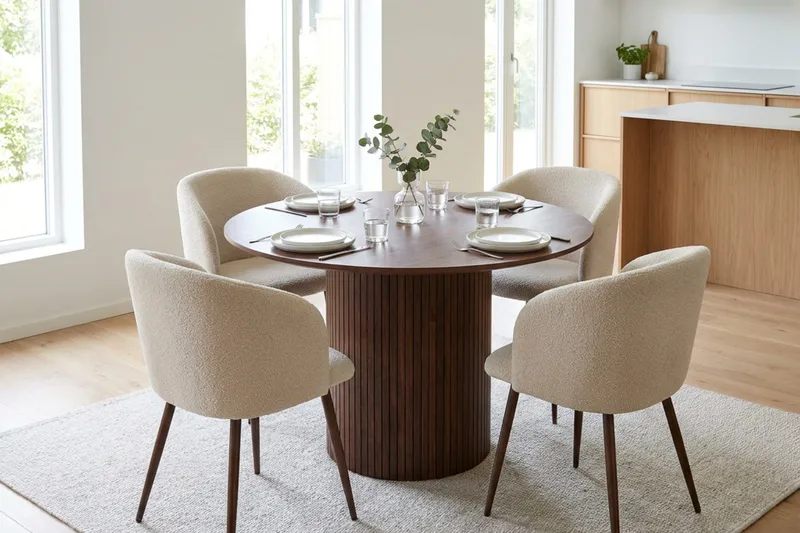 Spisegruppe Bark Kopparbo 110 cm Valnøtt Hvit bouclé/Metallben valnøtt Rund 4 - Møbler - Bord - Spisegrupper