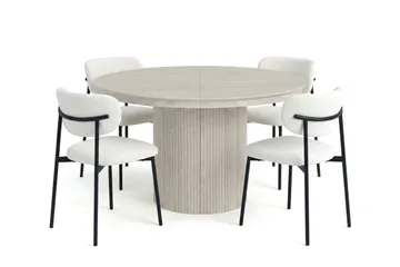 Spisegruppe Bark Kopparbo 120–220 cm Hvitlasert Hvit bouclé/metallben svart Rund 4 - Møbler - Bord - Spisegrupper