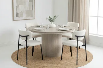 Spisegruppe Bark Kopparbo 120–220 cm Hvitlasert Hvit bouclé/metallben svart Rund 4 - Møbler - Bord - Spisegrupper