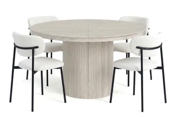 Spisegruppe Bark Kopparbo 120–220 cm Hvitlasert Hvit bouclé/metallben svart Rund 4 - Møbler - Bord - Spisegrupper