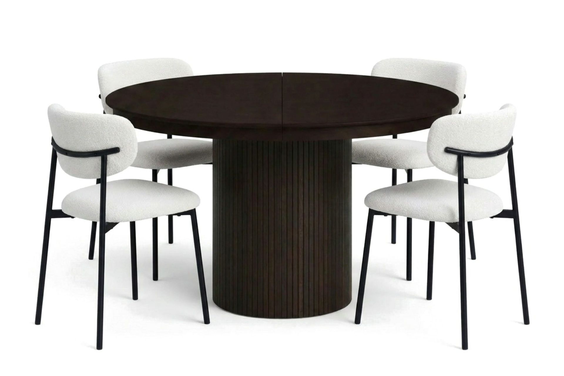 Spisegruppe Bark Kopparbo 120–220 cm Røkt eik Hvit bouclé/metallben svart Rund 4 -