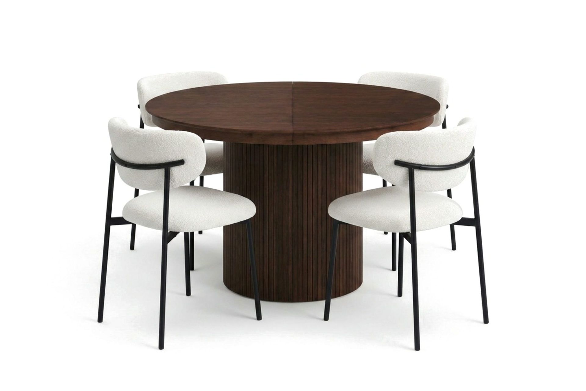 Spisegruppe Bark Kopparbo 120–220 cm Valnøtt Hvit bouclé/metallben svart Rund 4 -