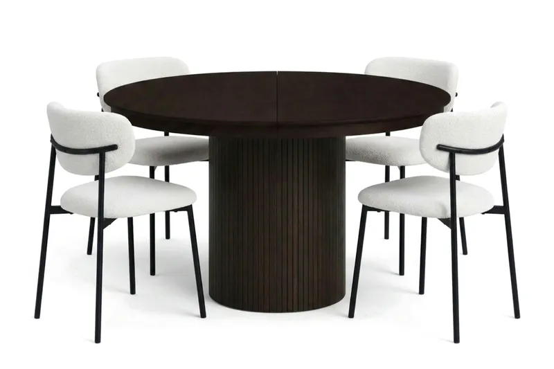 Spisegruppe Bark Kopparbo 120-220 cm Røkt eik Hvit bouclé/Metallben Svart Rund 4, undefined