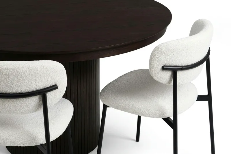 Spisegruppe Bark Kopparbo 120-220 cm Røkt eik Hvit bouclé/Metallben Svart Rund 4 - Møbler - Bord - Spisegrupper