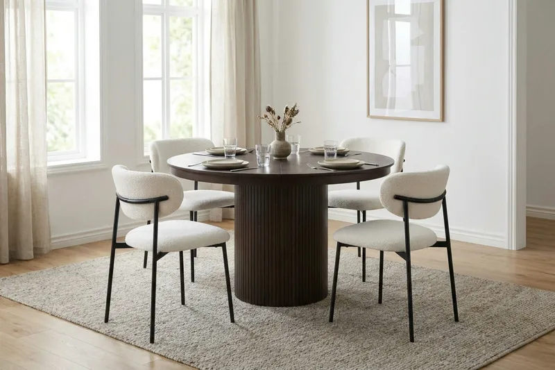 Spisegruppe Bark Kopparbo 120-220 cm Røkt eik Hvit bouclé/Metallben Svart Rund 4 - Møbler - Bord - Spisegrupper