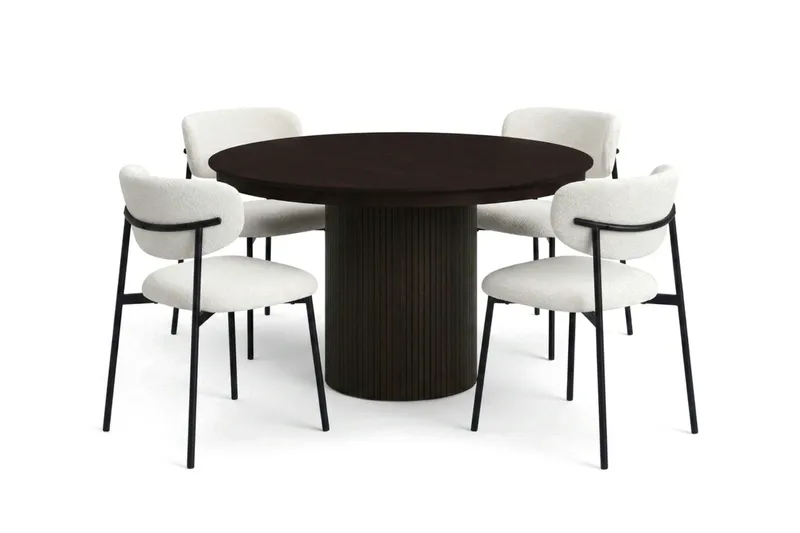 Spisegruppe Bark Kopparbo 120-220 cm Røkt eik Hvit bouclé/Metallben Svart Rund 4 - Møbler - Bord - Spisegrupper