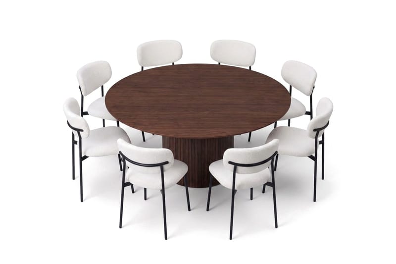 Spisegruppe Bark Kopparbo 180 cm Valnøtt Hvit bouclé/metallben svart Rund 8 - Valnøtt - Møbler - Bord - Spisegrupper