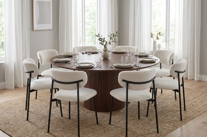 Spisegruppe Bark Kopparbo 180 cm Valnøtt Hvit bouclé/metallben svart Rund 8 - Valnøtt - Møbler - Bord - Spisegrupper