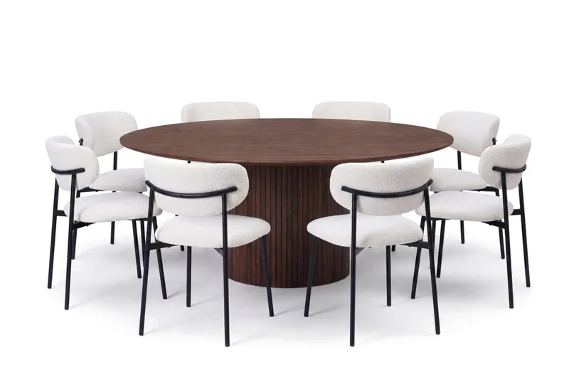 Spisegruppe Bark Kopparbo 180 cm Valnøtt Hvit bouclé/metallben svart Rund 8