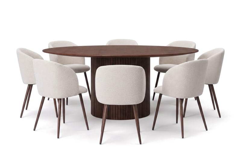 Spisegruppe Bark Kopparbo 180 cm Valnøtt Hvit bouclé/Metallben valnøtt Rund 8 - Møbler - Bord - Spisegrupper