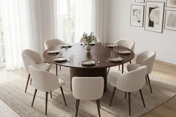 Spisegruppe Bark Kopparbo 180 cm Valnøtt Hvit bouclé/Metallben valnøtt Rund 8 - Møbler - Bord - Spisegrupper