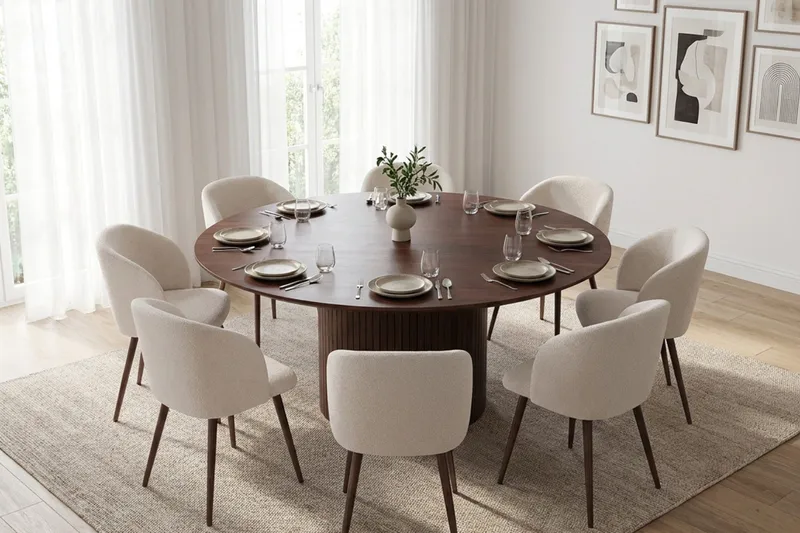 Spisegruppe Bark Kopparbo 180 cm Valnøtt Hvit bouclé/Metallben valnøtt Rund 8 - Møbler - Bord - Spisegrupper