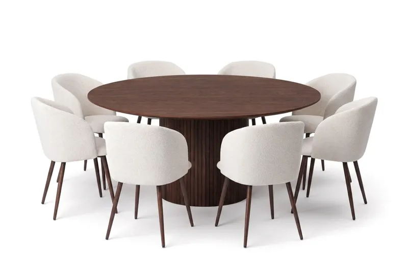 Spisegruppe Bark Kopparbo 180 cm Valnøtt Hvit bouclé/Metallben valnøtt Rund 8