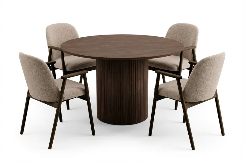 Spisegruppe Bark Kopparbo rundt spisebord 120 cm mørkebrunt med 4 Reciclar spisestoler Valnøtt|Greige, undefined