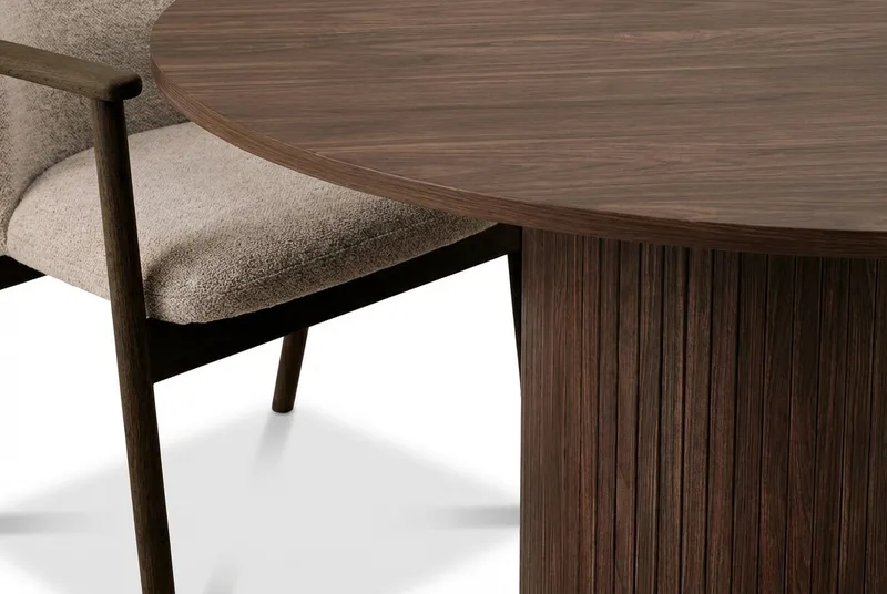 Spisegruppe Bark Kopparbo rundt spisebord 120 cm mørkebrunt med 4 Reciclar spisestoler Valnøtt|Greige - Møbler - Bord - Spisegrupper