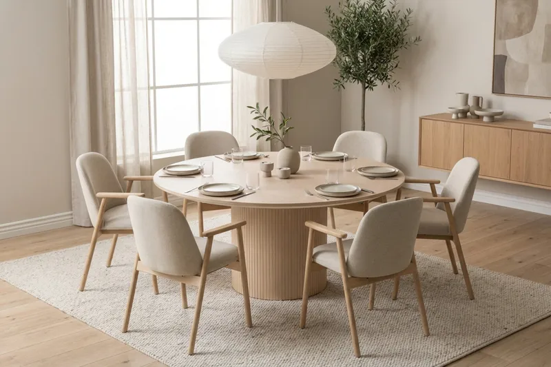 Spisegruppe Bark Kopparbo rundt spisebord 180 cm hvitlasert med 6 Reciclar spisestoler Lys eik|Beige - Møbler - Bord - Spisegrupper