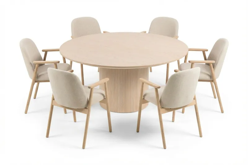 Spisegruppe Bark Kopparbo rundt spisebord 180 cm hvitlasert med 6 Reciclar spisestoler Lys eik|Beige, undefined