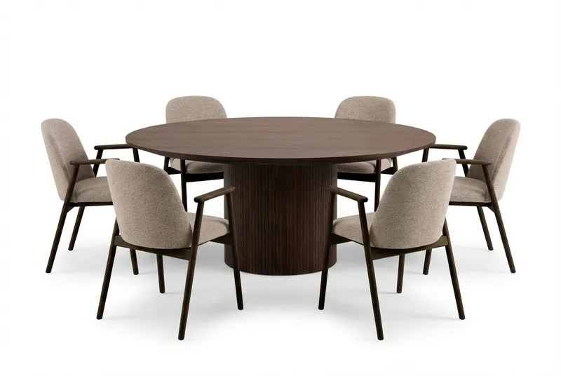 Spisegruppe Bark Kopparbo rundt spisebord 180 cm mørkebrunt med 6 Reciclar spisestoler Valnøtt|Greige, undefined