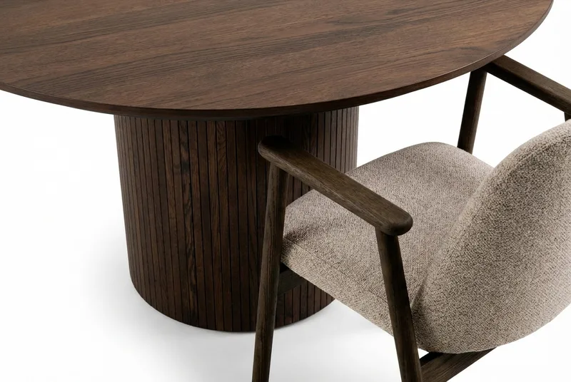 Spisegruppe Bark Kopparbo rundt spisebord 180 cm mørkebrunt med 6 Reciclar spisestoler Valnøtt|Greige - Møbler - Bord - Spisegrupper