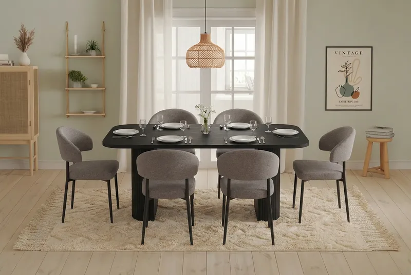 Spisegruppe Bark Kopparbo spisebord 200 cm med 6 Sawako Greige stoler Svart|Greige - Møbler - Bord - Spisegrupper