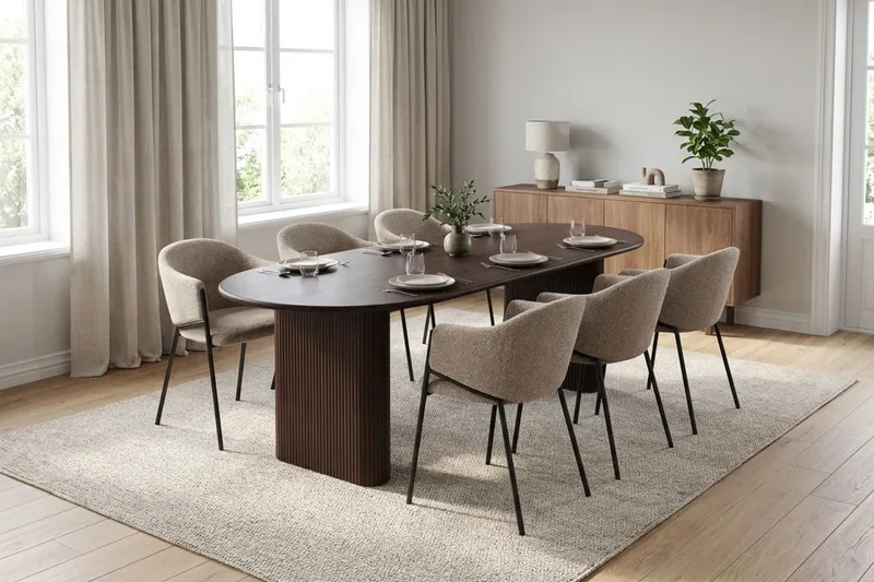 Spisegruppe Bark Noira 220 cm Røkt eik Taupe bouclé 6 - Røkt eik - Møbler - Bord - Spisegrupper