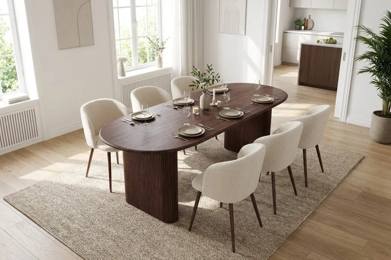 Spisegruppe Bark Noira 220 cm Valnøtt Hvit bouclé/metalben valnøtt 6 - Valnøtt - Møbler - Bord - Spisegrupper