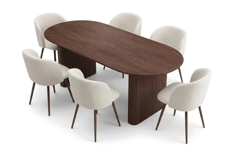 Spisegruppe Bark Noira 220 cm Valnøtt Hvit bouclé/metalben valnøtt 6 - Valnøtt - Møbler - Bord - Spisegrupper