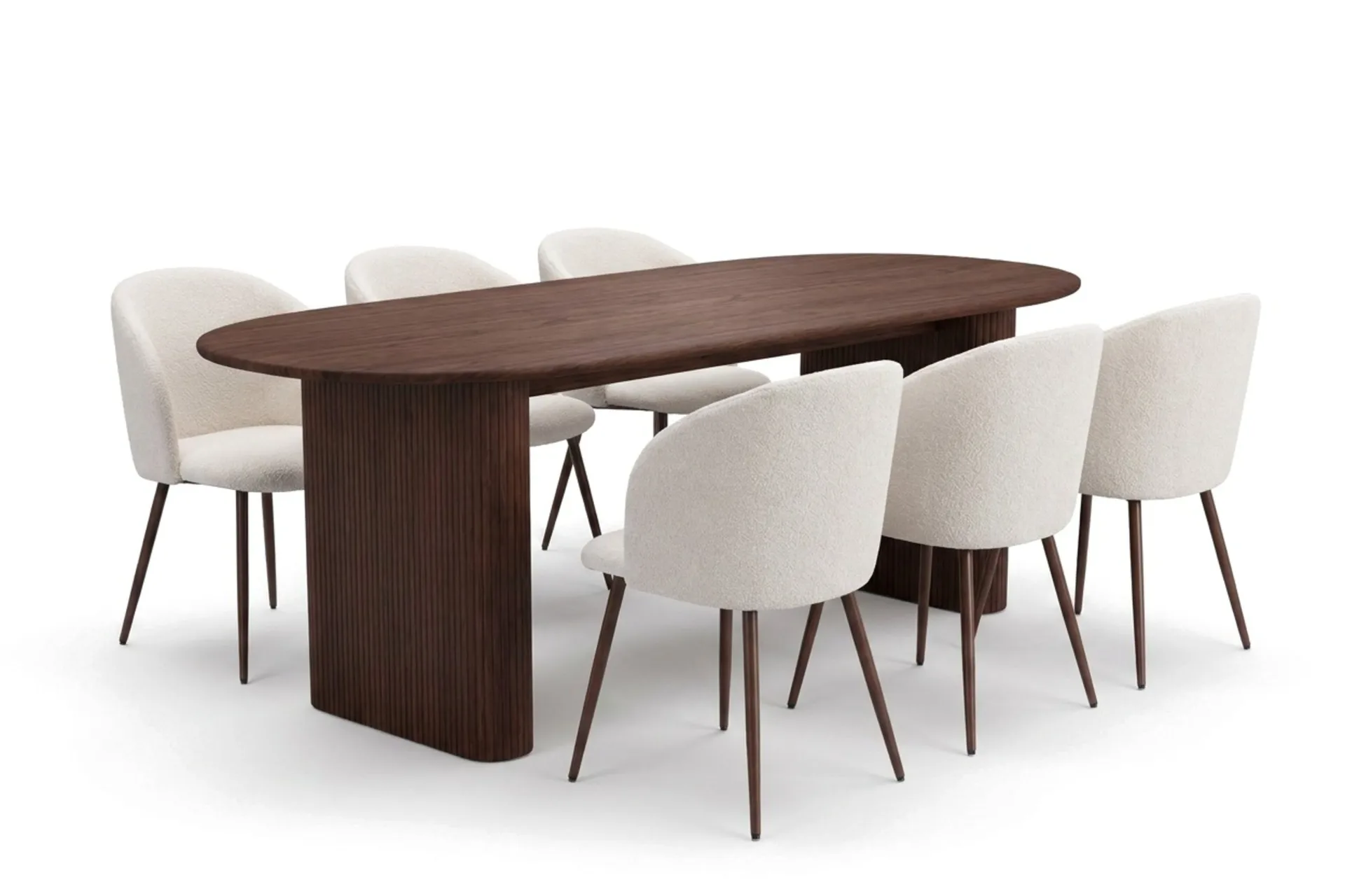 Spisegruppe Bark Noira 220 cm Valnøtt Hvit bouclé/metalben valnøtt 6 -