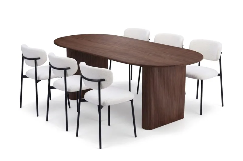 Spisegruppe Bark Noira 220 cm Valnøtt Hvit bouclé/Metallben Svart 6, undefined