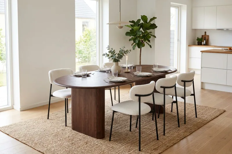 Spisegruppe Bark Noira 220 cm Valnøtt Hvit bouclé/Metallben Svart 6 - Møbler - Bord - Spisegrupper
