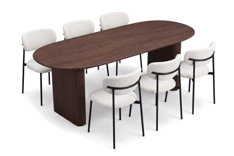 Spisegruppe Bark Noira 220 cm Valnøtt Hvit bouclé/Metallben Svart 6 - Møbler - Bord - Spisegrupper