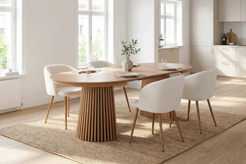 Spisegruppe Bark Peyra 120-220 cm Eik Hvit bouclé/Metallben brun - Møbler - Bord - Spisegrupper