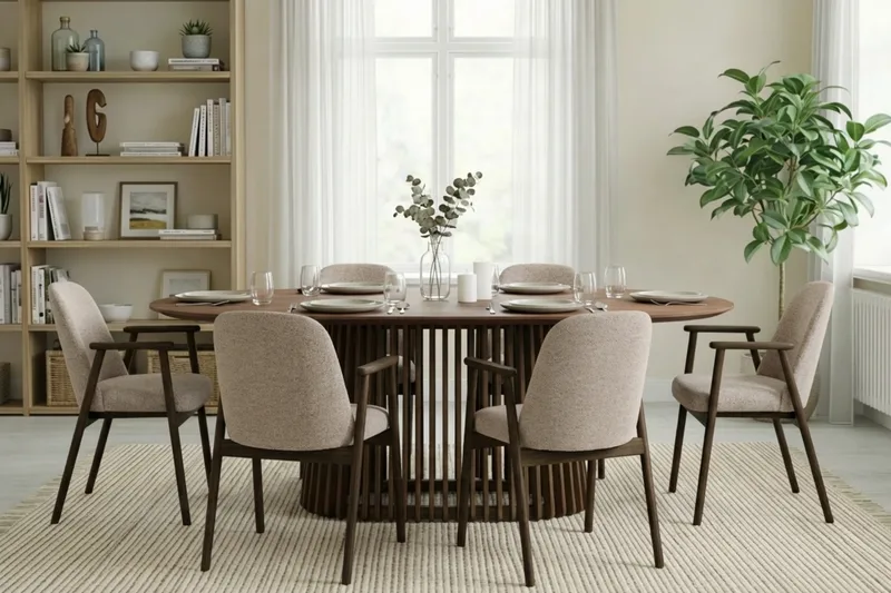 Spisegruppe Bark Peyra ovalt spisebord 200 cm mørkebrunt med 6 Reciclar spisestoler Valnøtt|Greige - Møbler - Bord - Spisegrupper