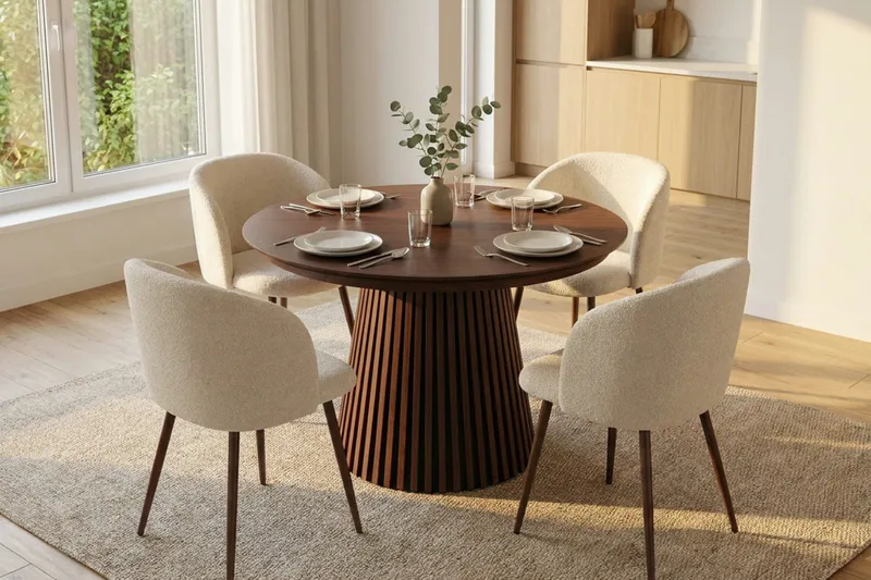 Spisegruppe Bark Peyra 120-220 cm Valnøtt Hvit bouclé/Metallben valnøtt - Møbler - Bord - Spisegrupper