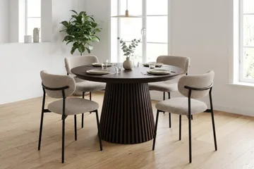 Spisegruppe Bark Peyra 120–220 cm Røkt eik Greige bouclé/metallben svart - Møbler - Bord - Spisegrupper