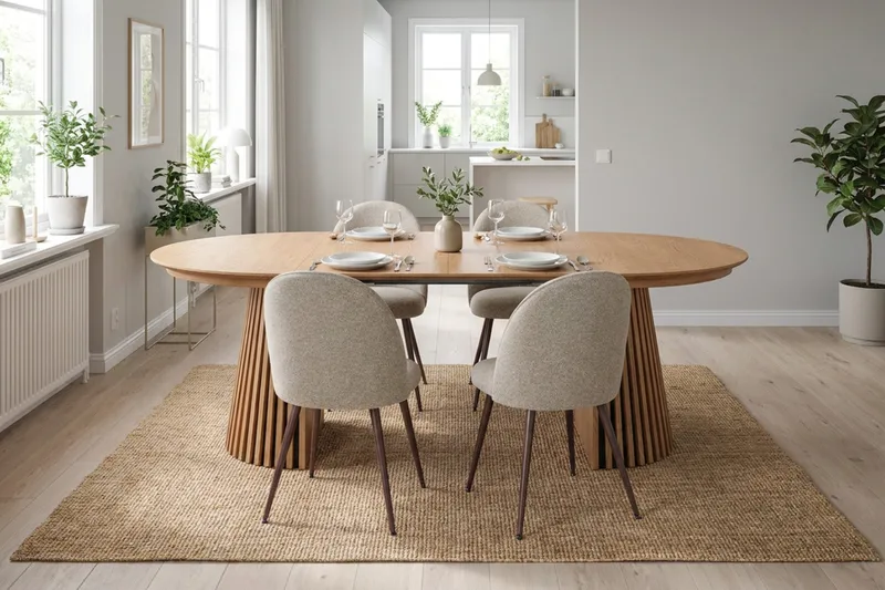 Spisegruppe Bark Peyra 120-220 cm Eik Greige bouclé/Metallben Valnøtt - Møbler - Bord - Spisegrupper