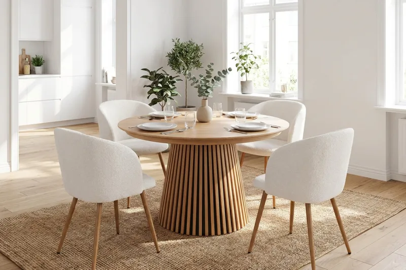 Spisegruppe Bark Peyra 120-220 cm Eik Hvit bouclé/Metallben brun - Møbler - Bord - Spisegrupper
