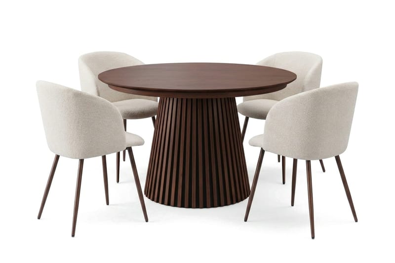 Spisegruppe Bark Peyra 120-220 cm Valnøtt Hvit bouclé/Metallben valnøtt, undefined