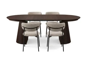 Spisegruppe Bark Peyra 120–220 cm Røkt eik Greige bouclé/metallben svart - Møbler - Bord - Spisegrupper