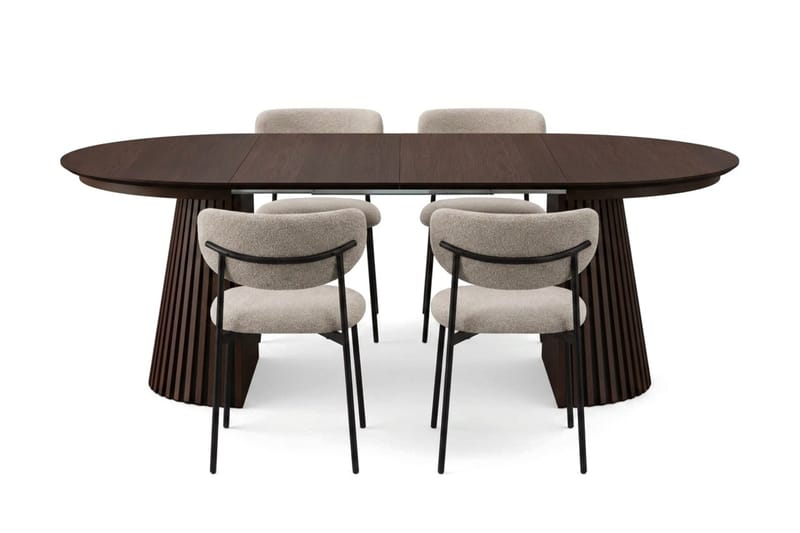 Spisegruppe Bark Peyra 120–220 cm Røkt eik Greige bouclé/metallben svart - Møbler - Bord - Spisegrupper